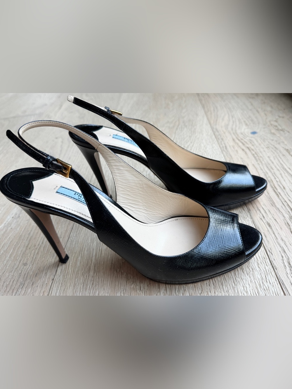 Prada Black Peep-Toe Slingback Pump in Saffiano Leather, size 40